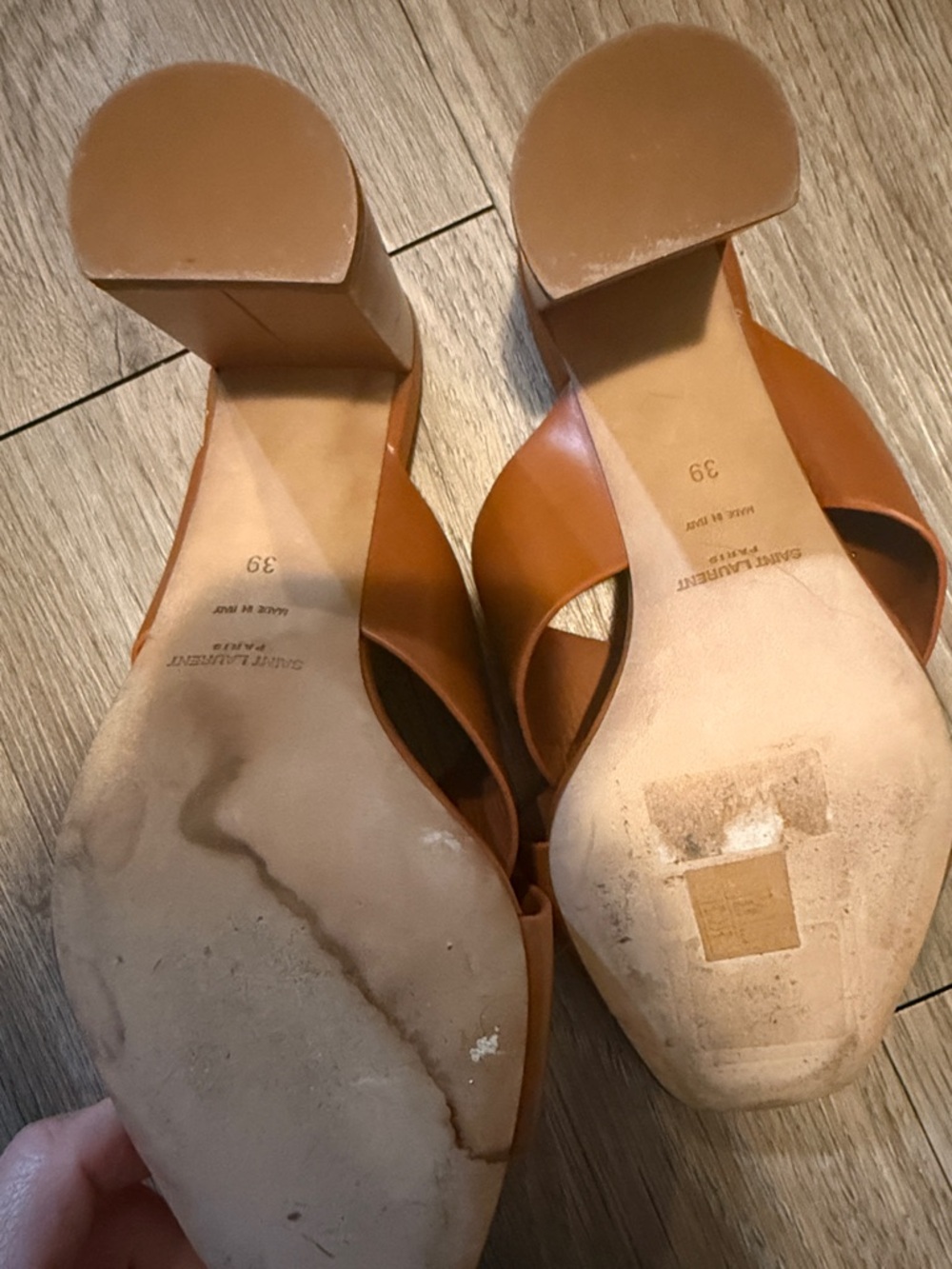 Saint Laurent Cognac Leather Crisscross Block Heel Mules - Picture 3 of 4